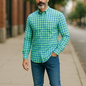 NWT Palmetto Moon Men’s Wrinkle Free Green Blue Plaid Button Down Long Sleeve SM